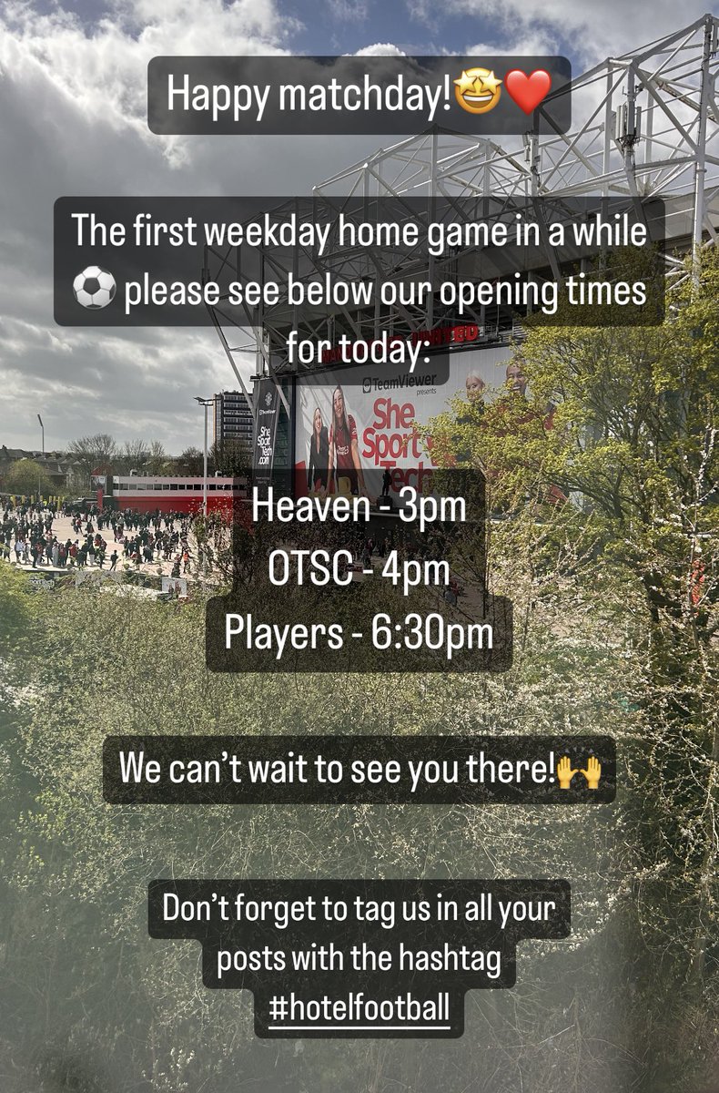 Opening times for today’s matchday at HF!👇❤️ #matchday #hotelfootball #manchesterunited #sheffield #oldtrafford