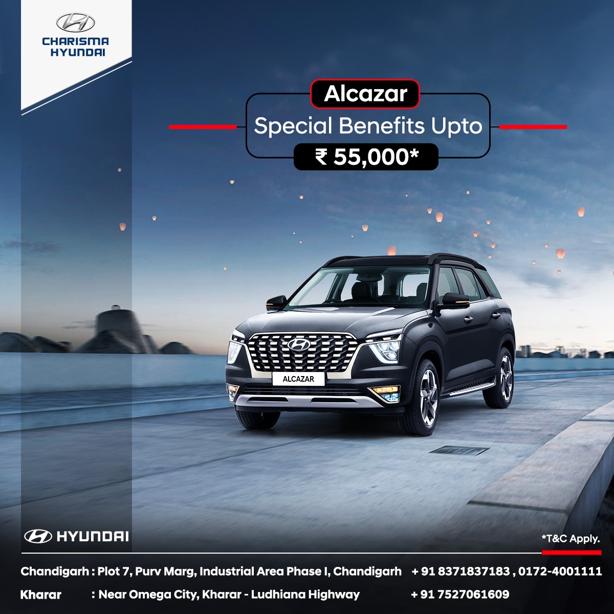 With its daring design and top-tier features, the Hyundai Alcazar sets a new standard for stylish driving. Every aspect is tailored to elevate your driving experience, from its spacious interior to its advanced technology.
For more details, call - +91 8371837183, 0172-4001111