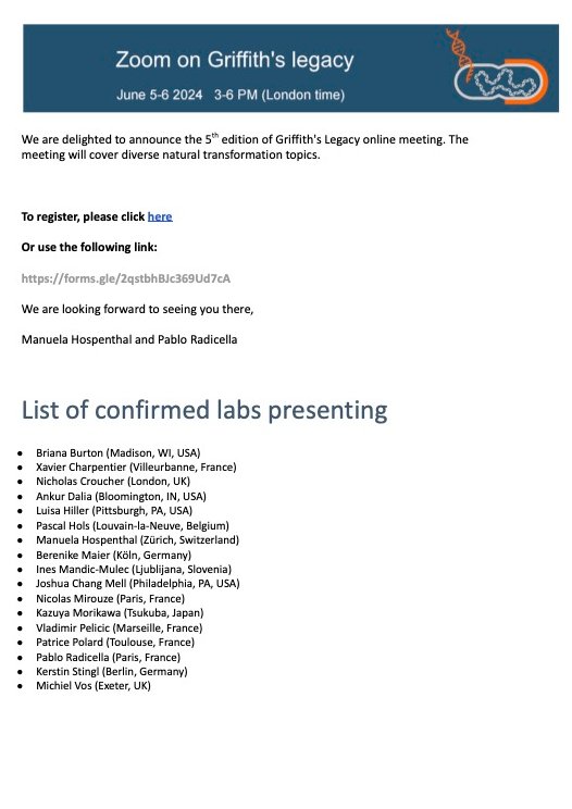 Dear bacterial transformation community 🧪🧫🦠
We are delighted to announce this year's Griffith's Legacy meeting, which will take place as a Zoom webinar on 5-6 June. To register, click here: forms.gle/2qstbhBJc369Ud…. 
Please also spread the word