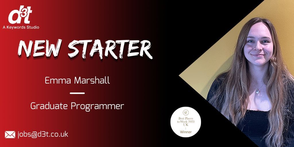 👋 We’re excited to welcome, Graduate Programmer, Emma Marshall to the d3t team! To mark Emma starting, she has shared a few things about herself, including why d3t appealed to her and what she loves about games! Take a look 👉 buff.ly/3WaGPqY #GoTeam #KeywordsStudios