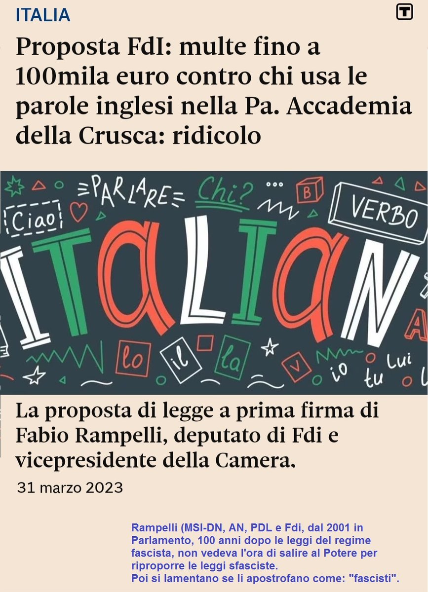 100anni dopo l'avvento del periodo fascista, nell'ottobre 2022 salgono al potere i nostalgici che conservano i busti di Benito in salotto.
Una coincidenza?
Spero non duri un ventennio.
Nel 2023, 100anni dopo, Rampelli Fdi ex Msi-Dn, copia da Benito la legge anti termini stranieri