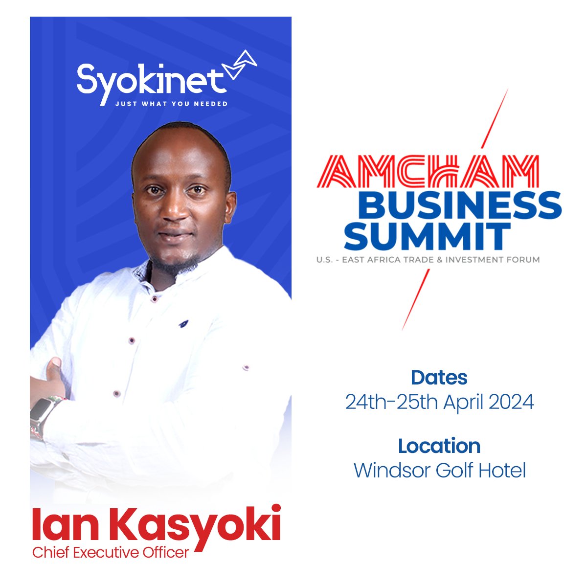 Syokinet Solutions is in attendance at the 4th edition of the American Chamber of Commerce (AmCham) Business Summit. Don't miss the chance to engage directly with our CEO, as he unveils how Syokinet solutions is transforming Africa’s Digital Landscape. 
#AMCHAMSummit24