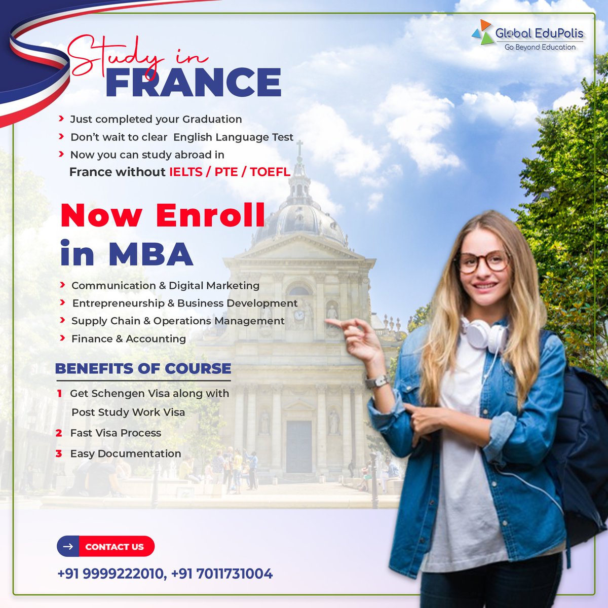 ☑Just completed your Graduation.
☑Don't wait to clear any Language Test.
☑Now you can study abroad in France without IELTS/
PTE/ TOEFL.

Enroll in MBA.

Apply Now!
Apply link is in Bio📍
.
.
.
.
.
#globaledupolis #MBA #studyinfrance #IELTS #toefl
#studyabroad