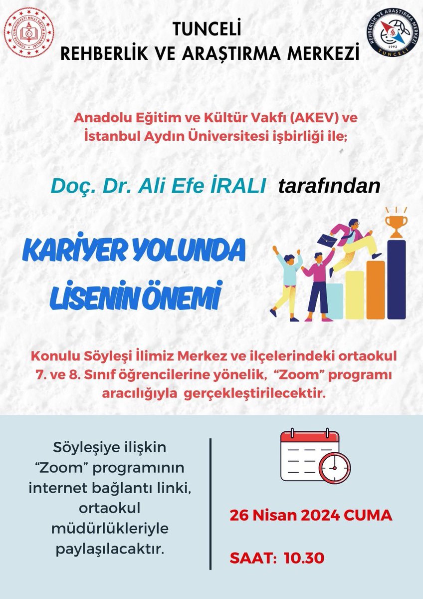 Anadolu Eğitim ve Kültür Vakfı(AKEV) ve İstanbul Aydın Üniv. işbirliğiyle, Doç.Dr.Ali Efe İRALI tarafından;26 Nisan Cuma-10.30'da Zoom aracılığıyla “Kariyer Yolunda Lisenin Önemi” Söyleşisi gerçekleştirilecektir.
<a href="/TunceliValiligi/">T.C.Tunceli Valiliği</a>
<a href="/Tunceli_MEM/">Tunceli İl Millî Eğitim Müdürlüğü</a> 
<a href="/fethiates23/">Fethi ATEŞ 🟢🇹🇷</a>
<a href="/_syildiz/">Serhat Yıldız</a>
<a href="/AKEV1995/">AKEV</a>