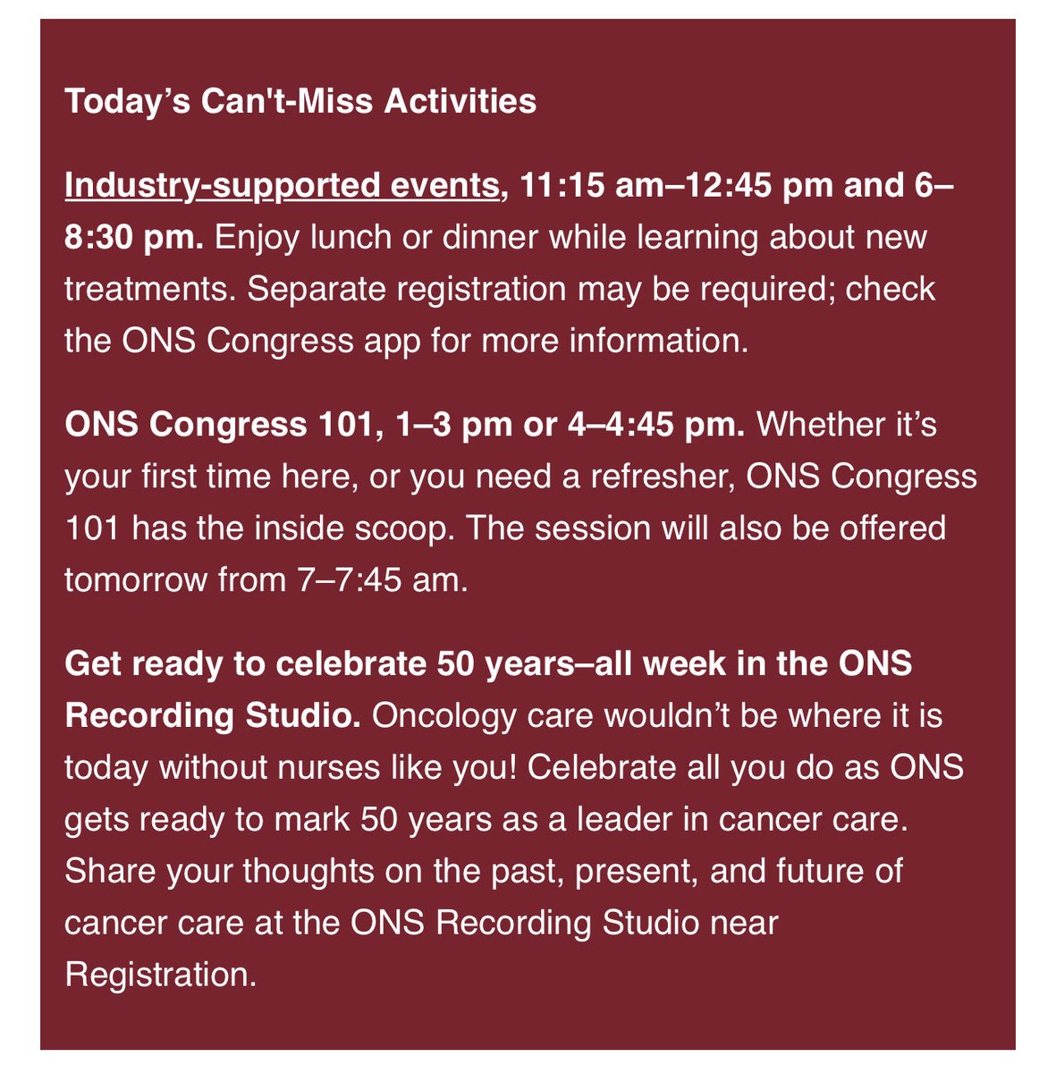 Day 1 of #ONSCongress is finally here! Here’s a few of today’s can’t miss sessions👇!! ⁦@oncologynursing⁩