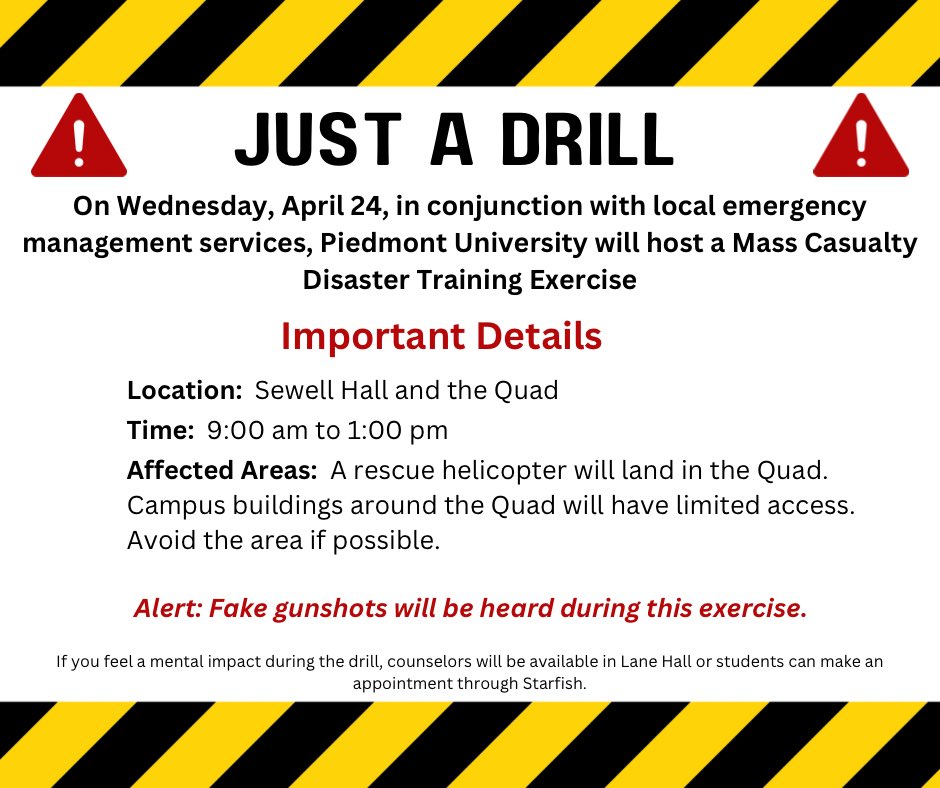 Disaster drill happening on campus today. Over 200 students and 15 local emergency response partners participating! Drills like these are important hands-on learning opportunities that also help keep our campus safe in case of a real emergency. #bealion 🦁