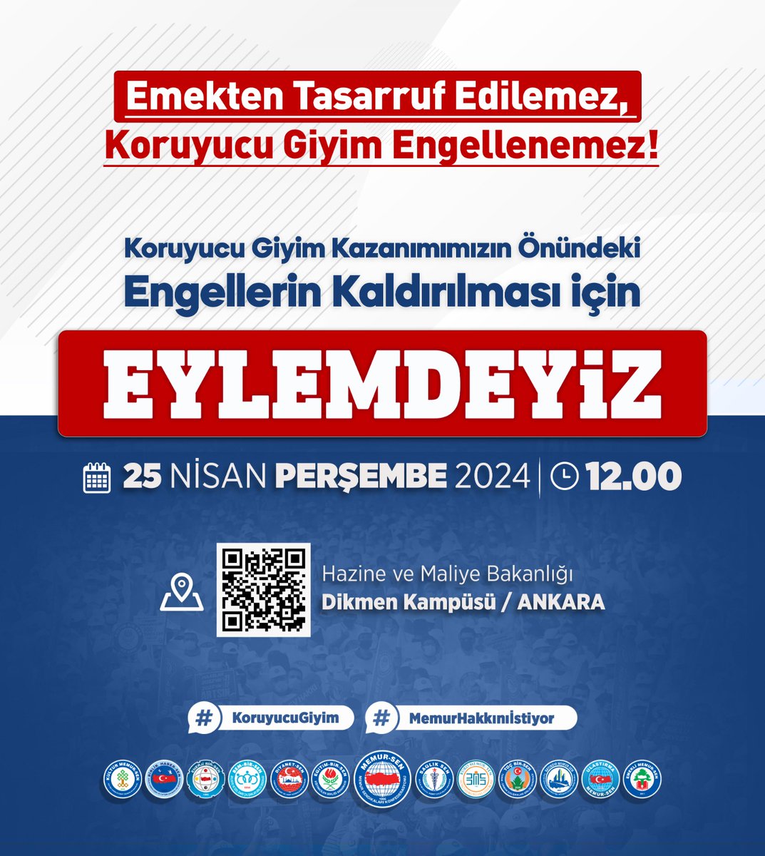 Koruyucu giyim hakkımızın önündeki engellerin kaldırılması için 25 Nisan 2024 saat 12.00'de Hazine ve Maliye Bakanlığı önünde eylemdeyiz. Tüm sendikaları ve tüm Ulaştırma emekçilerini eylemimize davet ediyoruz #MemurlarHakkınıİstiyor @RTErdogan @_cevdetyilmaz @memetsimsek…