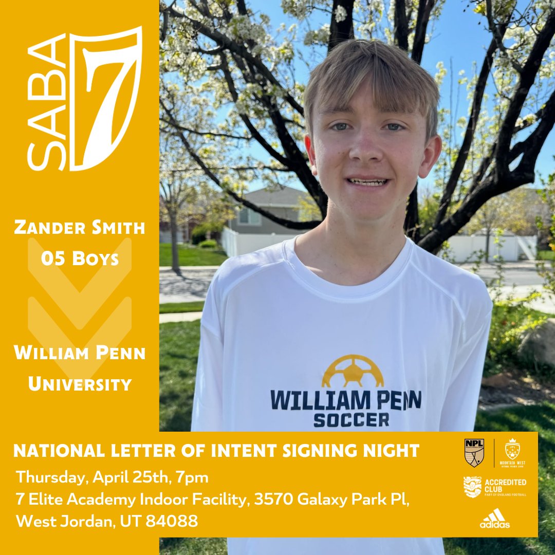 DEVELOPMENT 🇺🇲🇬🇧🇹🇿 Congratulations to Zander Smith from our 05 Boys, who has committed to @WilliamPennU 🎓⚽ Make sure you attend our NLI Signing Night on April 25 ✍️🥳 JOIN US TRYOUTS 👇 📲 DM 📥 info.usa@7eliteacademy.com 🌐 7tryouts.com #7EliteSABA