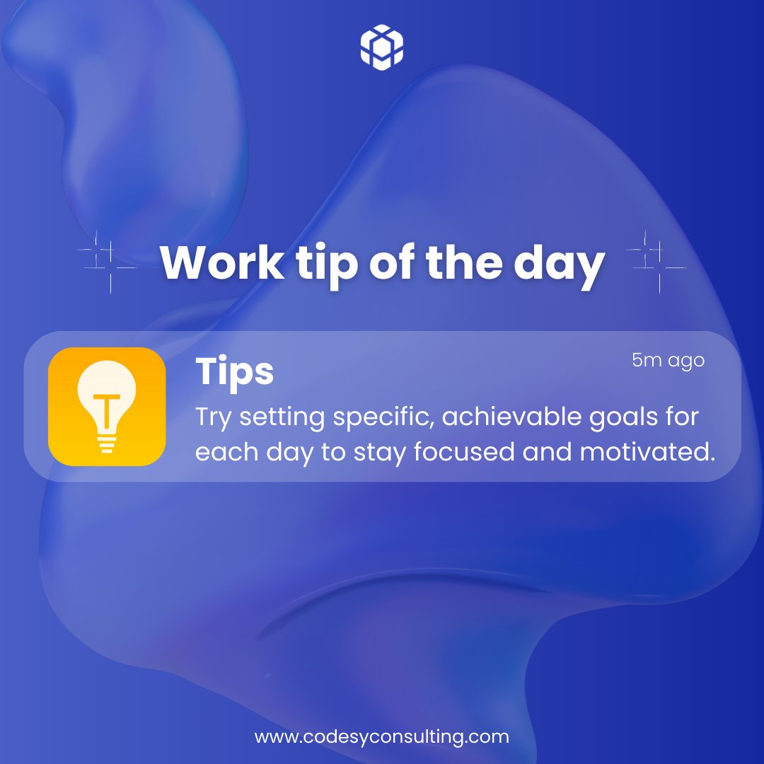 Conquer your day! Setting specific, achievable goals keeps you focused and motivated.

#productivitytips #workhacks #Codesyconsulting