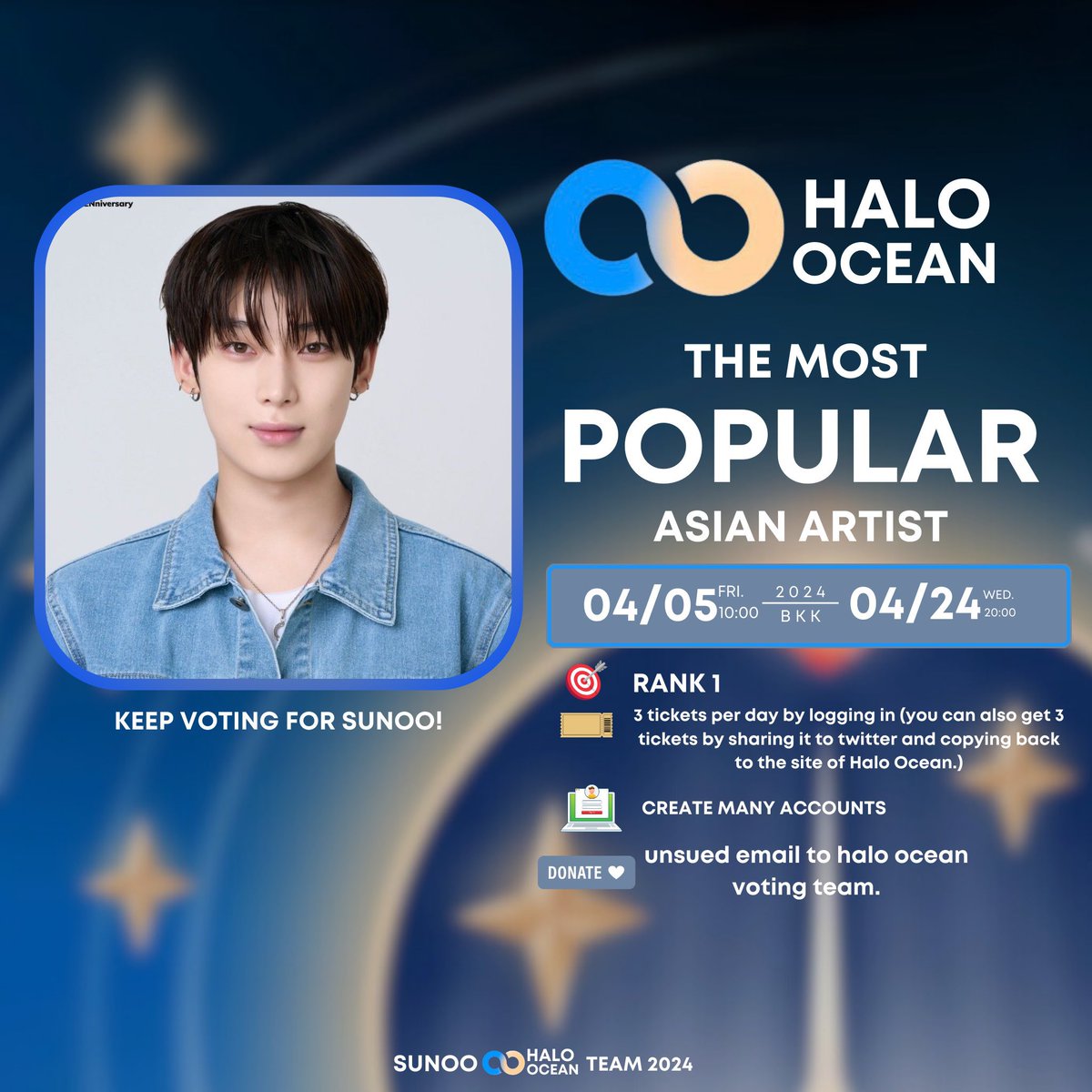 ‼️ HALO OCEAN D-DAY ‼️ 📊: RANK 10 🎯: RANK 1 We only have an hour and a half left before this ends! Go use all your accounts and vote for Sunoo now. Let’s decrease the gap! Let's do our best to win this for #SUNOO. We can do this! 🔗: haloocean.com/vote