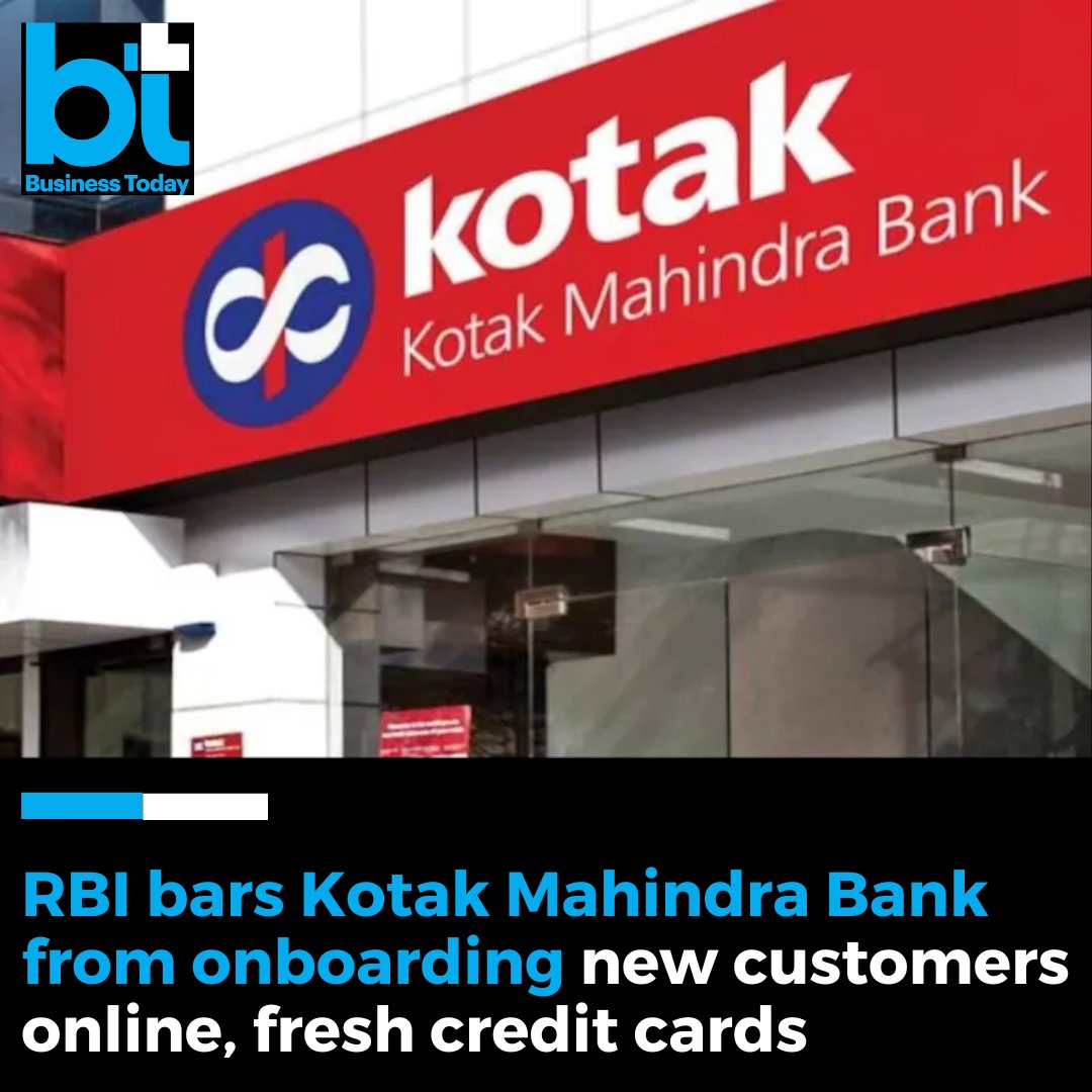 📉📈 #MarketToday | Shares of #KotakMahindraBank Ltd will be in focus after the #RBI asked the private lender to cease and desist, with immediate effect, from onboarding of new customers through its online and mobile banking channels and issuing fresh credit cards.

➡️ Kotak
