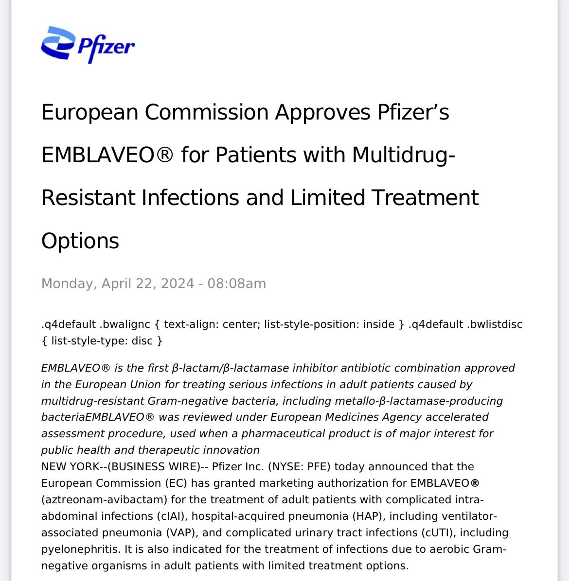 In all of Monday’s madness, the European Commission approved Pfizer’s EMBLAVEO (aztreonam and avibactam combo) 💉 #IDtwitter #MedTwitter pfizer.com/news/press-rel…