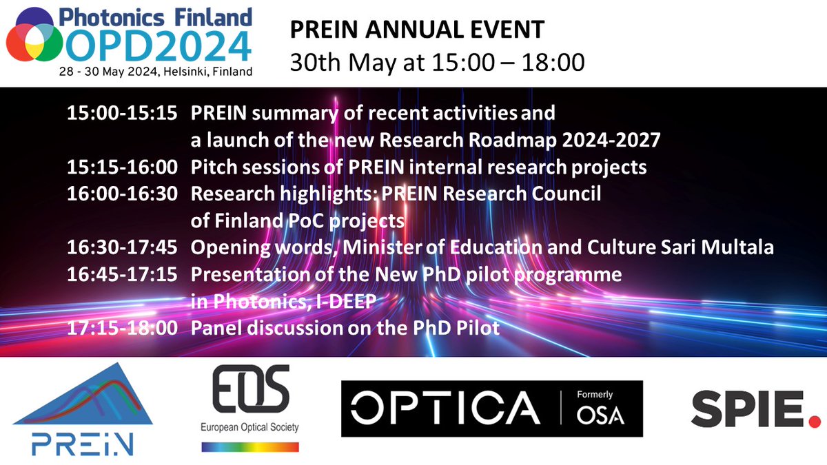 Our annual #OPD is approaching! Register now for PREIN event with news e.g. on our Doctoral Pilot Programme on Photonics: I-DEEP! Reg: photonics.fi/opd2024/regist… @tampereuni @uniuef @aaltouniversity @vttfinland @uniofjyvaskyla @aboakademi @unioulu @universityofhelsinki @uniturku