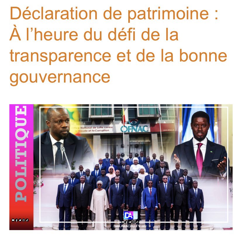 🇸🇳🚨Gouvernement incompétent 
Président Stagiaire incompétent 
Premier ministre Tartuffe incompétent 
1 mois à la tête du pays toujours pas capables de présenter,de faire leurs DÉCLARATIONS de PATRIMOINE comme l’exige la loi