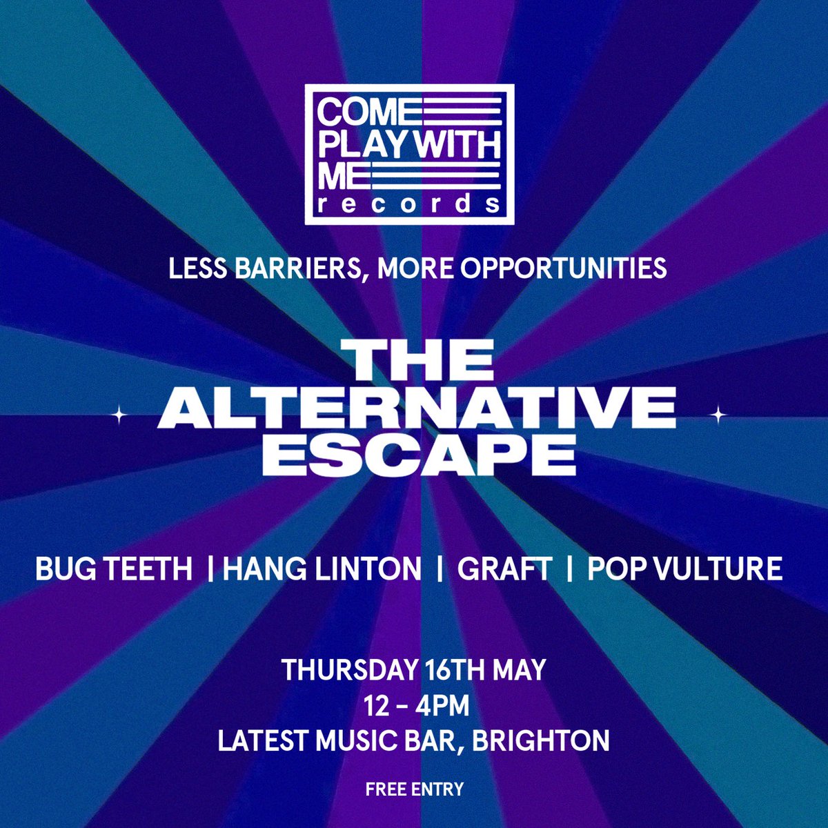BRIGHTON! We shall be at the Alternative Great Escape in 3 weeks alongside our @CPWMRecords label mates @bugteethuk @iamgraft and @hang_linton Thursday 17th of May @latestmusicbar 12pm A hell of a stage, and a hell of a lot cheaper than the official @thegreatescape (FREE!)
