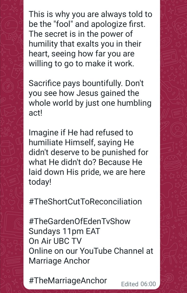 THE SHORTCUT TO RECONCILIATION

'Whilst seeking reconciliation in your relationships, you NEED to be the bigger baby, and humble yourself and apologize first' 

Follow the slides for full message...
#TheShortcutToReconciliation
#TheGardenOfEdenTvShow
#TheMarriageAnchor