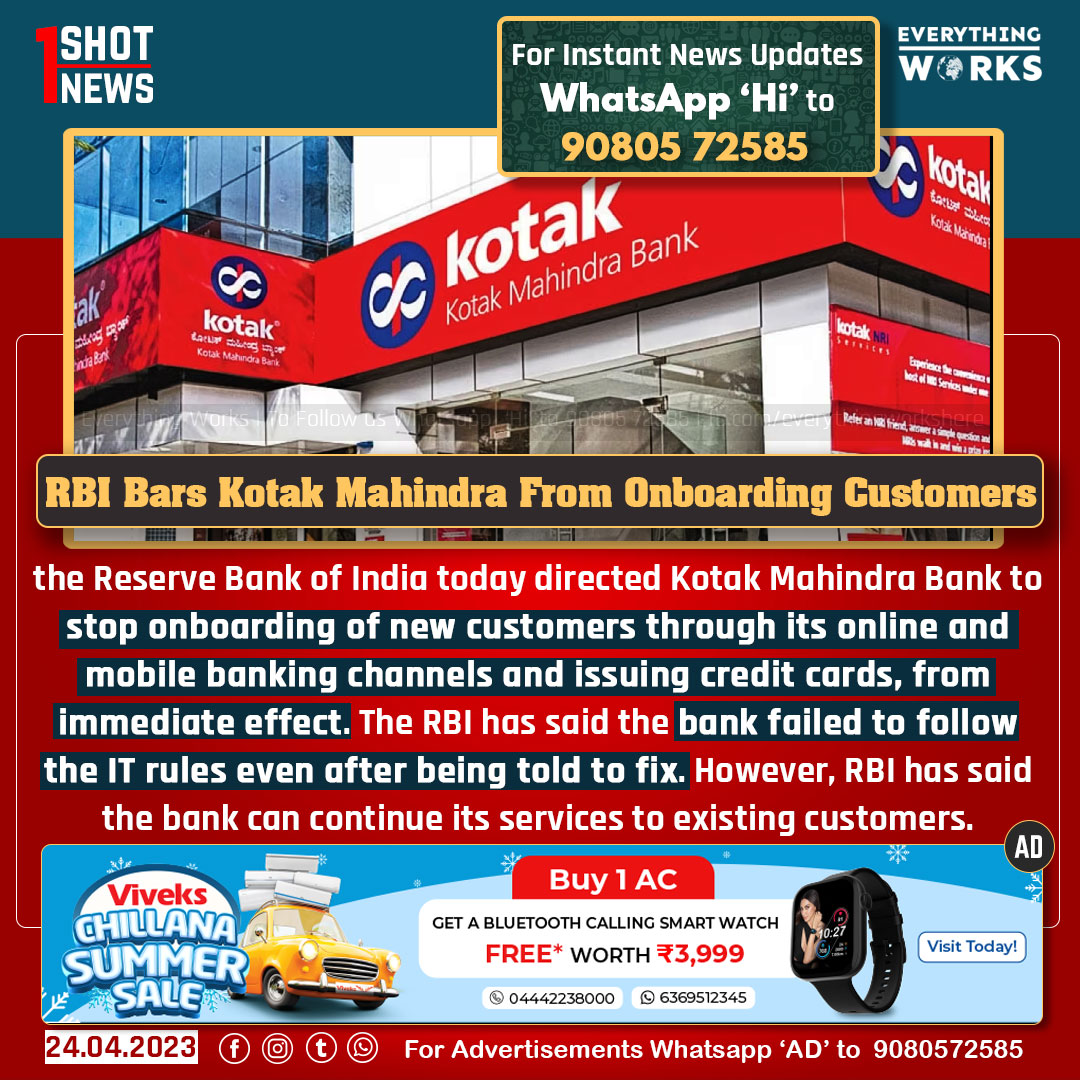 the Reserve Bank of India today directed Kotak Mahindra Bank to stop onboarding of new customers through its online and mobile banking channels and issuing credit cards, from immediate effect. The RBI has said the bank failed to follow the IT rules even after being told to fix.