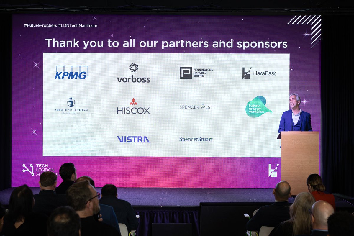 We wanted to once again thank all our amazing partners and sponsors for their support of #FutureFrontiers - thank you to @KPMG_EG_UK @vorboss @Penningtonslaw @HereEast @ArbuthnotLatham @HiscoxUK @SpencerWestUK @FutureEnergy_VC @VistraGroup @SpencerStuart 🌆 #LDNTechManifesto