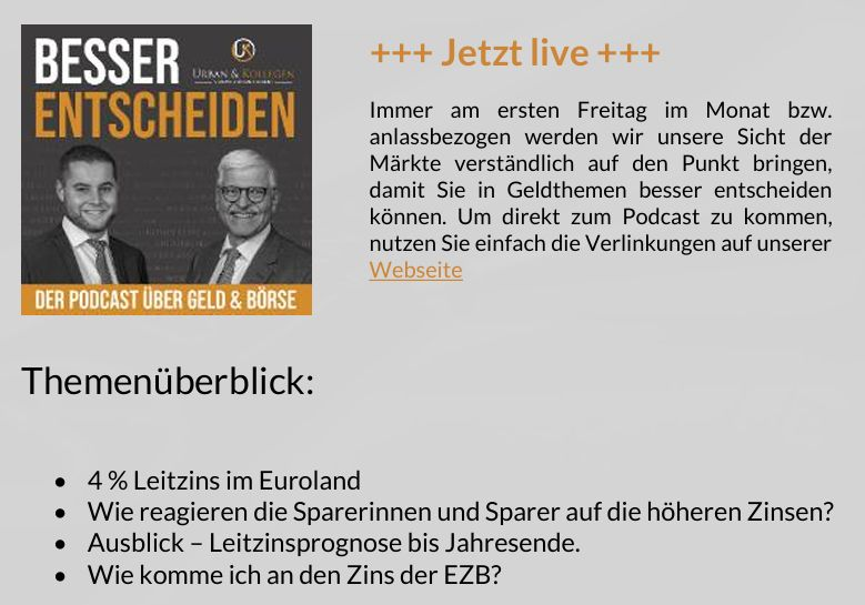 UrbanGottfried's tweet photo. Heute ist unser Podcast "Besser entscheiden: Der Podcast über Geld &amp; Börse" live gegangen. Unser Thema: 4 % Leitzins. Wie man vom guten Zins profitieren kann.

2024-04-24-Kundeninformation.pdf (https://t.co/k8HUGHsNNr) https://t.co/OG3OT9NkLl