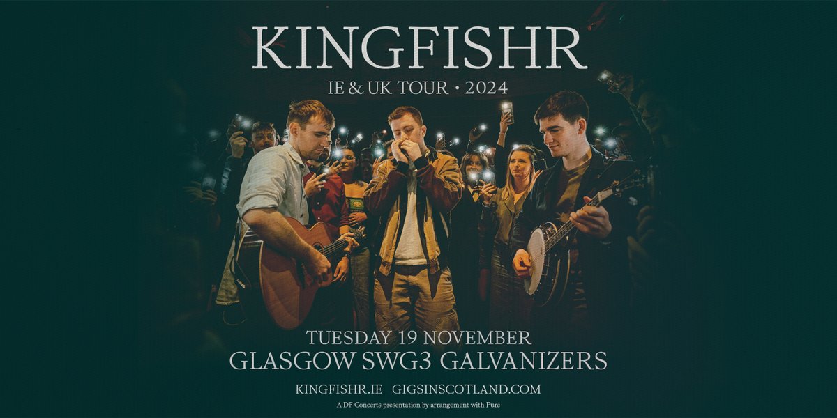 𝗝𝗨𝗦𝗧 𝗔𝗡𝗡𝗢𝗨𝗡𝗖𝗘𝗗 Irish folk trio Kingfishr headline SWG3 Galvanizers on Tuesday 19 November 2024. 𝗧𝗜𝗖𝗞𝗘𝗧𝗦 on sale Friday 26 April 2024. 𝗠𝗢𝗥𝗘 𝗜𝗡𝗙𝗢 → swg3.tv/events/2024/no…