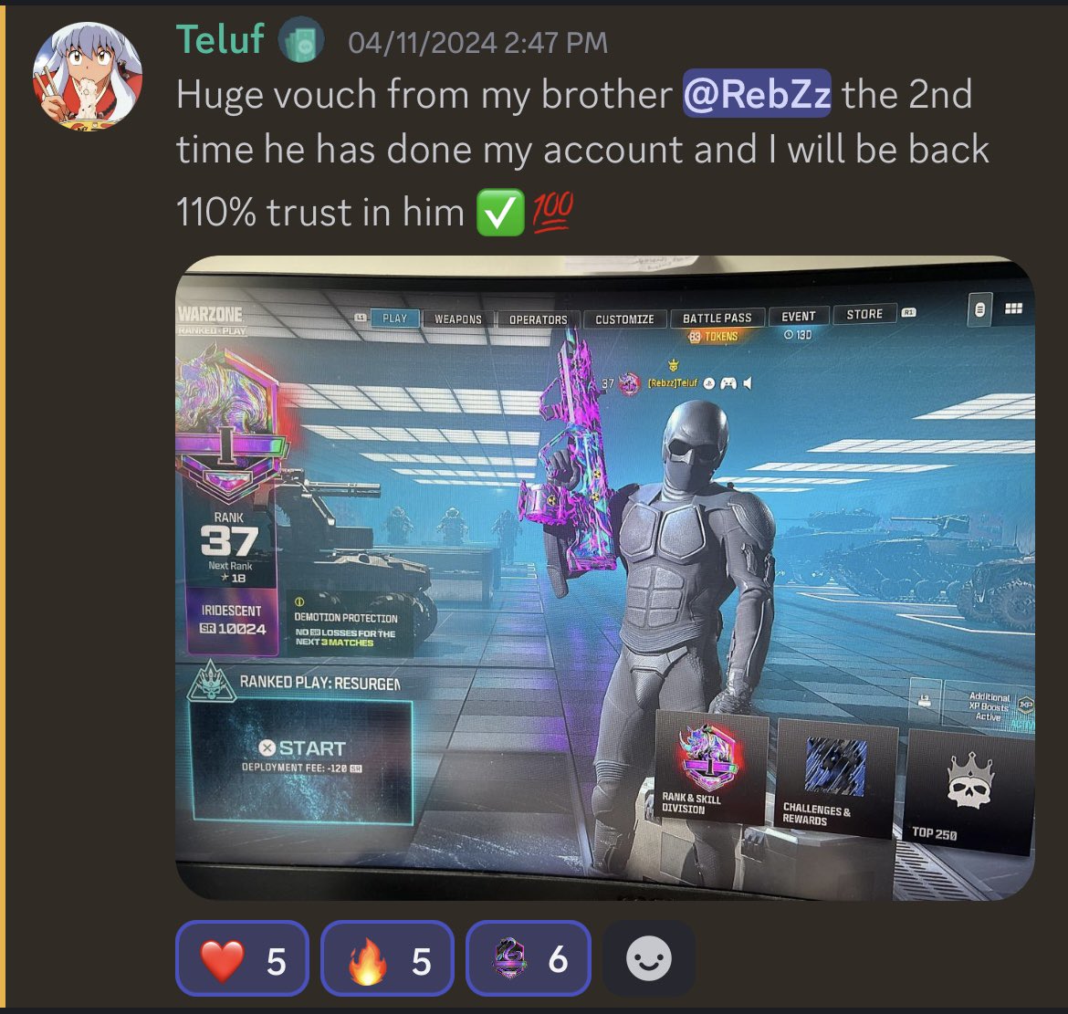vRebZz's tweet photo. @SBNServices Discord Contains:

1000+ Vouches ✅

Warzone Boosting ✅: Done by Me , @AabeIe , @LucianovM_  , @Shxne4K 

MP Boosting✅ : Done by @Ikxrmzz , @Huijkkk , @juicexcod , @byrneer and a few more

Camos : @yonickzs ✅
Cheap Cod Points / Nuke Services ✅

Join Link in Bio https://t.co/d6TE756EDD