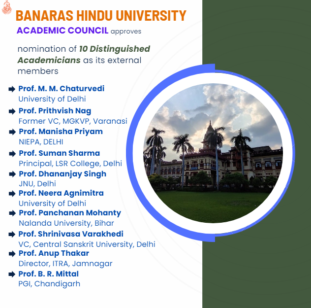 The Academic Council of the university in its meeting chaired by Vice-Chancellor Prof. Sudhir Kumar Jain, on Tuesday approved nomination of 10 distinguished academicians as external members of the body. Here's the list: #BHU #BanarasHinduUniversity