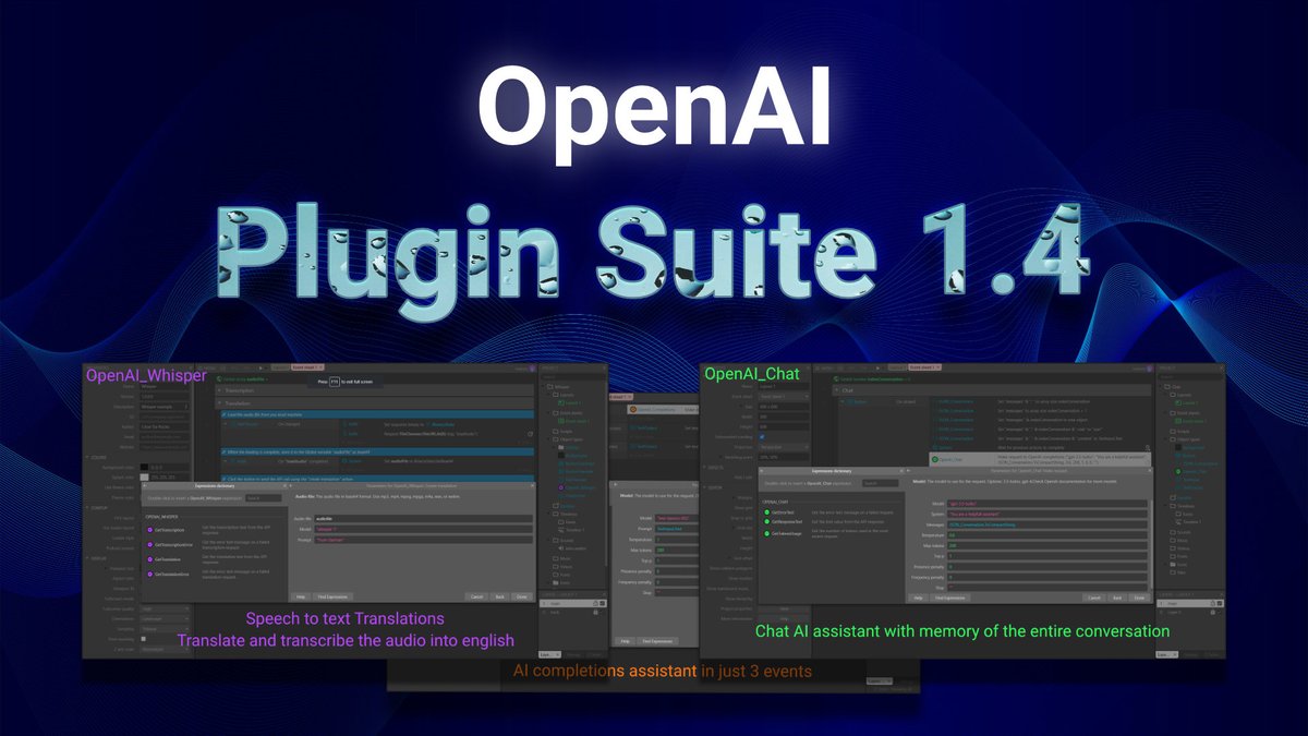 Fellow #construct3 users, I’ve just released the Construct3 OpenAI Plugin Suite 1.4 
construct.net/en/game-assets…
Now it includes:

▫️Chat🗨️
▫️Chat Vision:👀
▫️DALL-E 🎨
▫️Whisper-Audio-to-text 📢
▫️TTS-Text to speech 📣

#OpenAI #GameDev #IndieDev