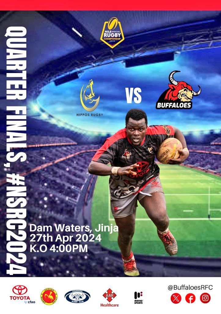 #ToyotaBuffaloes travel to the eastern Ug. this weekend!! Date of the 1st leg of the #NSRC2024 quarter finals!! against @HipposRugby 📅Saturday, 27th | 04 | 2024 ⏰4:00PM 🏟️ Dam Waters, Jinja. #HarderStrongerForLonger #OneTeamOneSpiritOneWin #GutsGritGold #RaiseYourGame