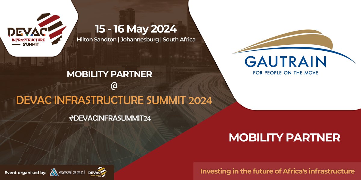 DevacInvest's tweet photo. We are thrilled to announce @TheGautrain Management Agency (GMA) as the Official #Mobility #Partner at the highly anticipated #DEVAC #INFRASTRUCTURE #SUMMIT taking place 15 -16 May 2024 at @HiltonSandton in @CityofJoburgZA https://t.co/uqsjHrxs82