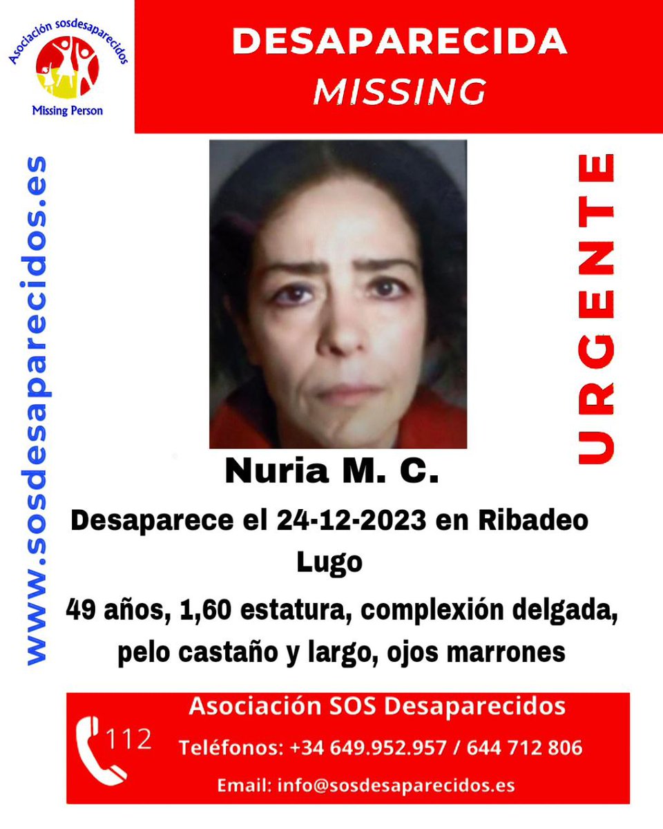 PCivilCoruna's tweet photo. 🔴ALERTA,DESAPARECIDO🔴
Nuria tiene 49 años y está desaparecido desde el 24 de diciembre de 2023 en Ribadeo.
Si tienes cualquier información sobre su paradero:
☎️112
☎️062
☎️091
#desaparecido #Missing #España #Galicia #Lugo #Ribadeo. https://t.co/cnYuE0jv4C
