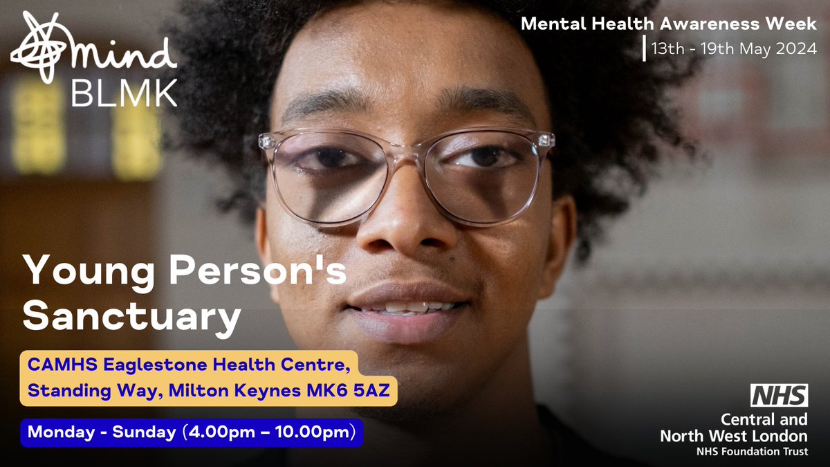 The Young Person's Sanctuary in 𝘔𝘪𝘭𝘵𝘰𝘯 𝘒𝘦𝘺𝘯𝘦𝘴 is a mental health and wellbeing drop-in for 14 - 17 year olds. 📍 CAMHS Eaglestone Health Centre, Standing Way, Milton Keynes, MK6 5AZ 📅 Monday - Sunday 4pm - 10pm 🎟 No appointment or referral needed #MindBLMK #MHAW