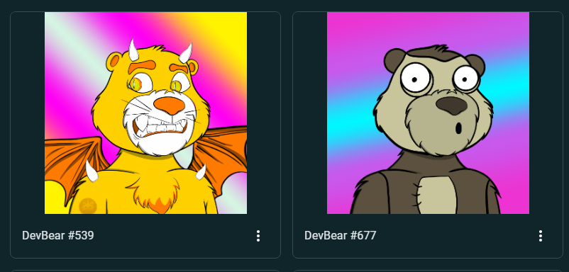 Picked up these 2 DevBears this morning.

Great work as always from the <a href="/tanggangonchia/">TangGang</a> 

69% sales donate to #ChiaDevs

Send 0.42 $XCH to
 xch1nwemdgn4fuykvj8c0u8nklrdue02tdru5z8u0f7nym9ru82wtstqzxn4mw  Every minter will enter draw for $2000 prize
