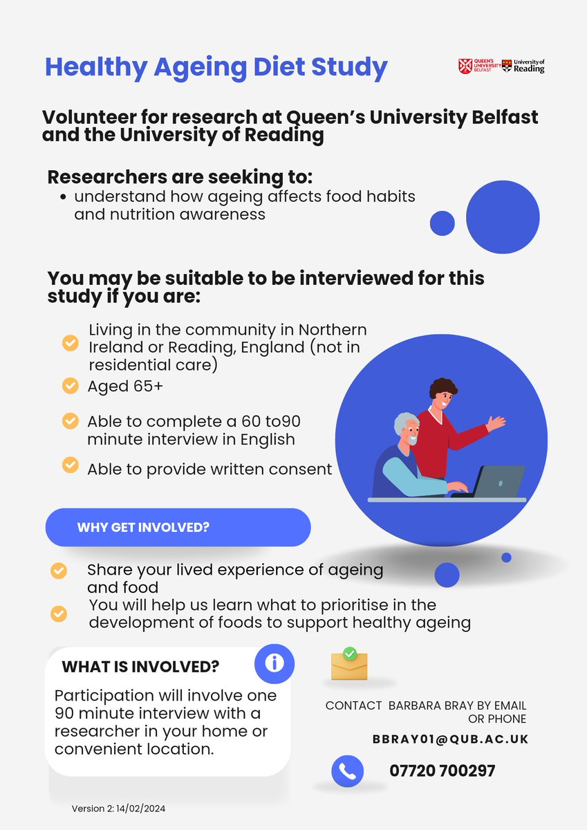 Exciting news ‼️ Thrilled to announce that as part of my PhD, I'll be working with organisations and individuals across N.Ireland and Reading to interview people aged over 65 about their food behaviours. Pls share with your contacts. Can't wait to get started 😊💯 @QUBelfast