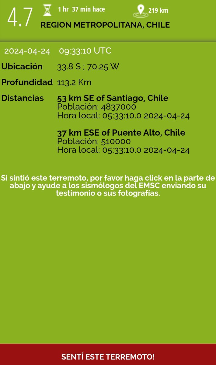 Sismo 4.7 en el Cajón del Maipo en la Región Metropolitana de Chile #earthquake #Temblor #sismo