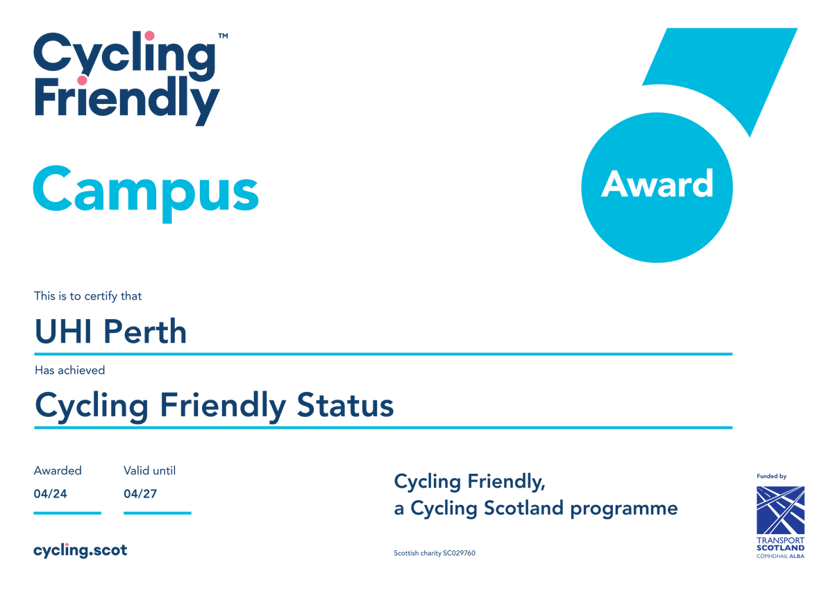 Following a submission by our Cycling Intern, Anupama Tigga, Perth Campus has been given the award of Cycling Friendly by Cycling Scotland! 🚲 We hope to see plenty more Perth Students and Staff on their bikes soon! @CyclingScotland