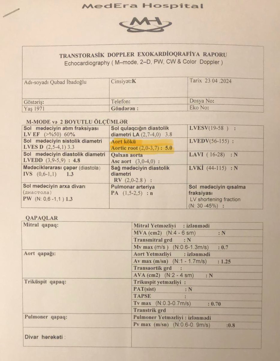 My father, Dr. Ibadoghlu's first medical examination paints a grim picture: The government indeed falsified his medical results during the communications with the ECtHR. 

The aorta root in his heart expanded to 5.0. He needs to go under surgery ASAP. 

#freegubad #cop29