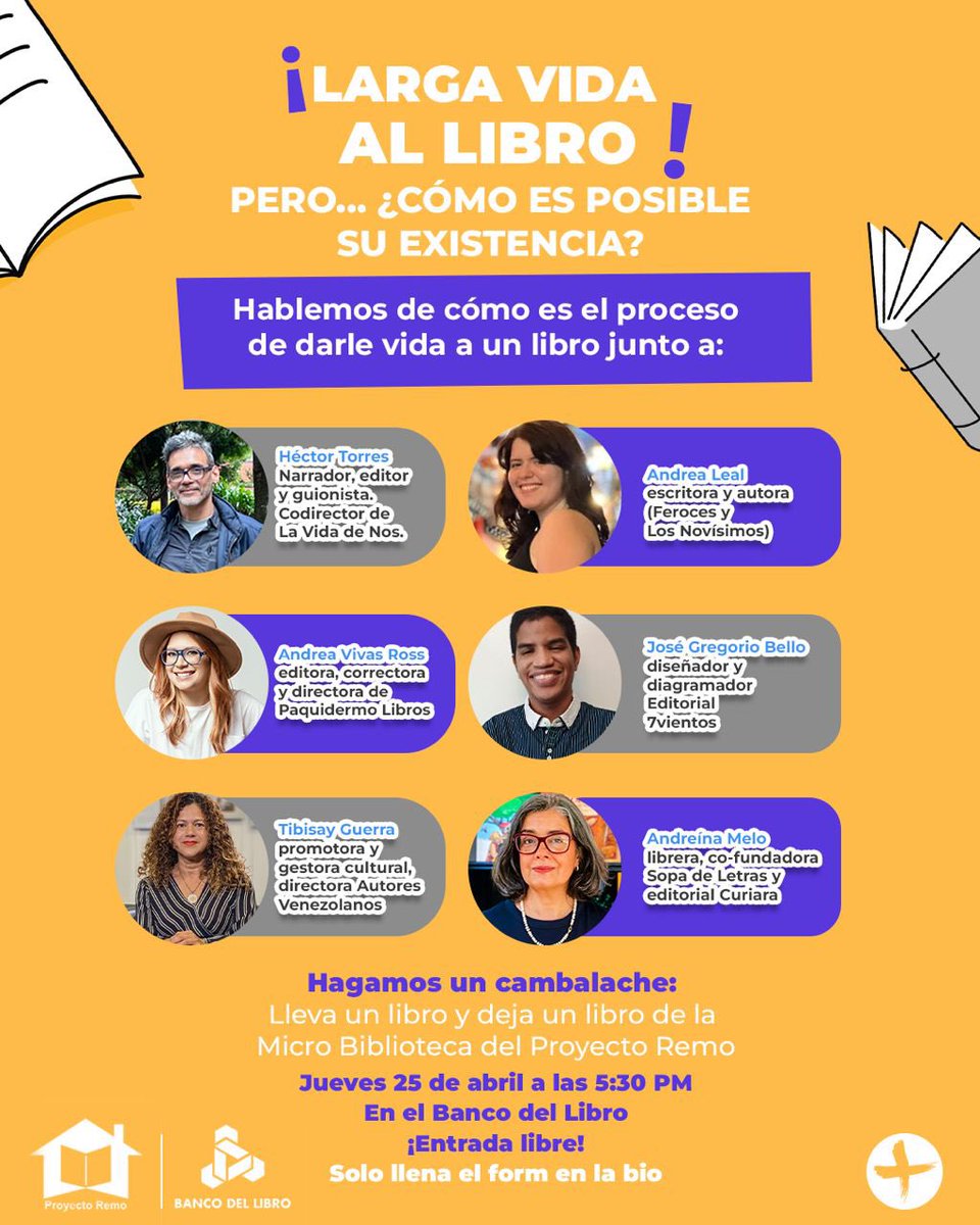 El jueves 25 de abril será el evento ¡Larga vida al libro! con invitados especiales y un cambalache de libros en la microbiblioteca del Proyecto Remo.
Organiza: <a href="/MasCiudadanos_/">Más Ciudadanos</a> 
📍 Banco del libro, Altamira.
⏰  5:30 p.m.
Entrada libre, anótate acá: 
docs.google.com/forms/d/e/1FAI…