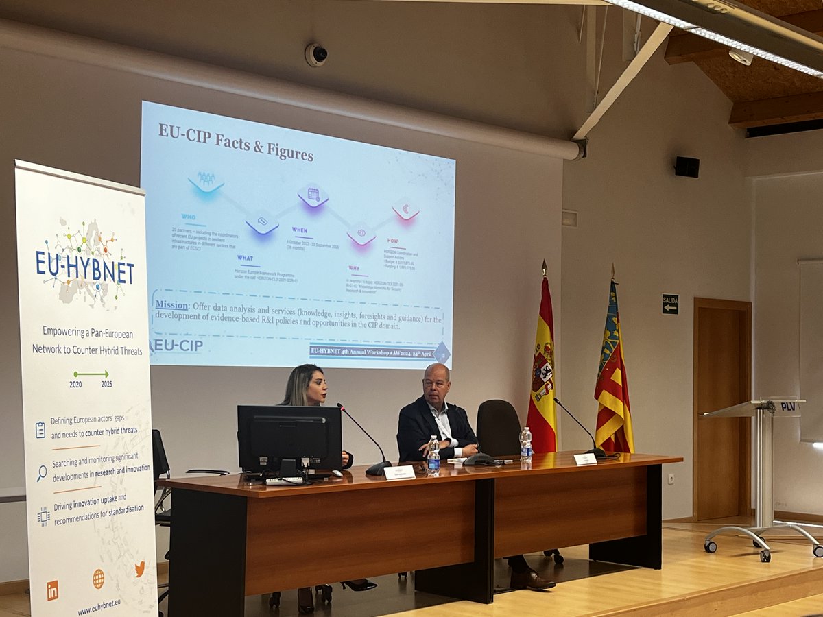 💥 Today, our coordinator had a chance to pitch on the EU-CIP objectives during the @EuHybnet  4th Annual Workshop in Valencia!

We are working on expanding our network and cooperation between the sister project and experts!

Join the #KnowledgeHUB here>knowledgehub.eucip.eu/login/