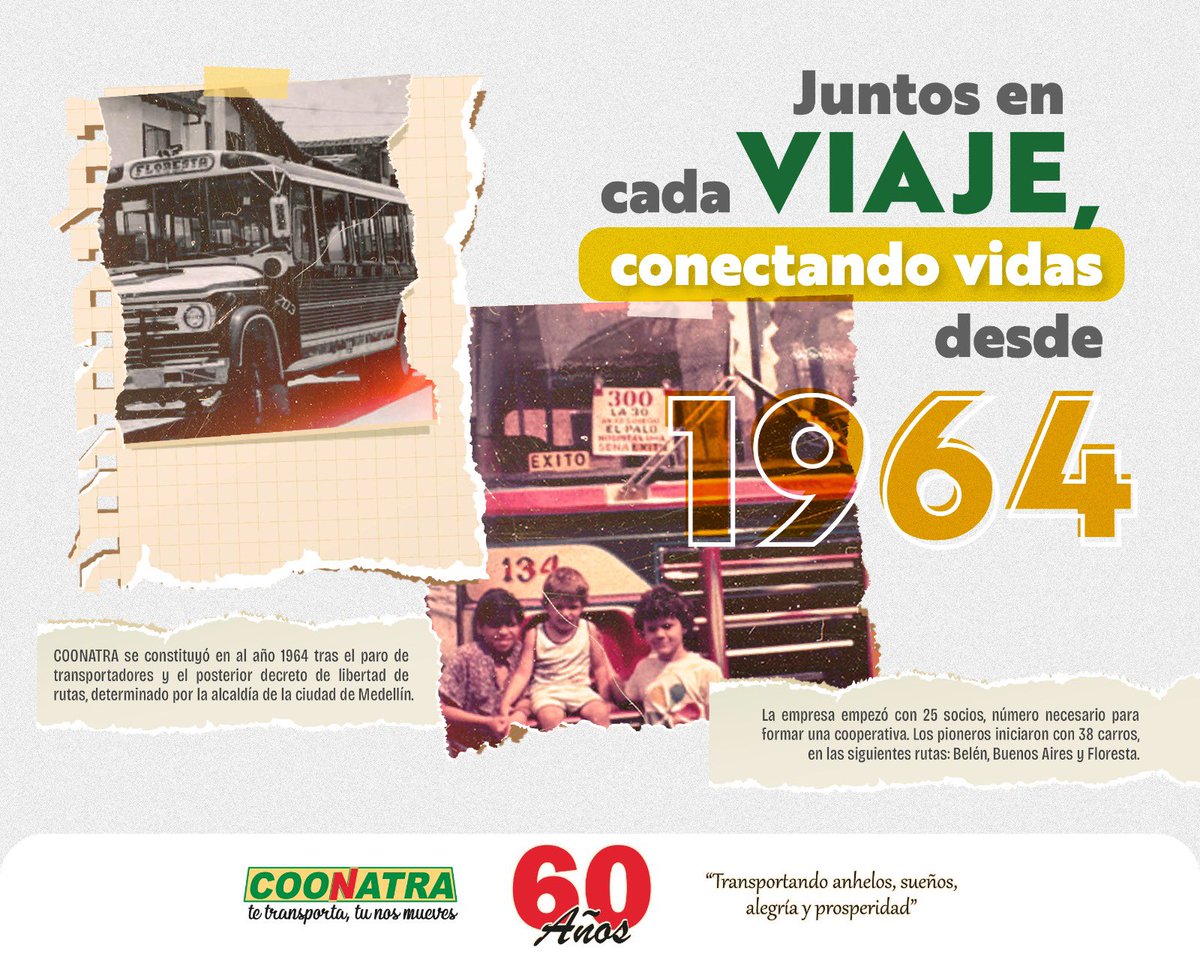 Celebramos 60 años de trayectoria con Coonatra, una familia que ha estado al frente de llevar esperanzas y sueños a través de nuestra región. Desde 1964, cada viaje ha conectado vidas y construido historias inolvidables. ¡Gracias por ser parte de este viaje! 🚌💚 #Coonatra60Años