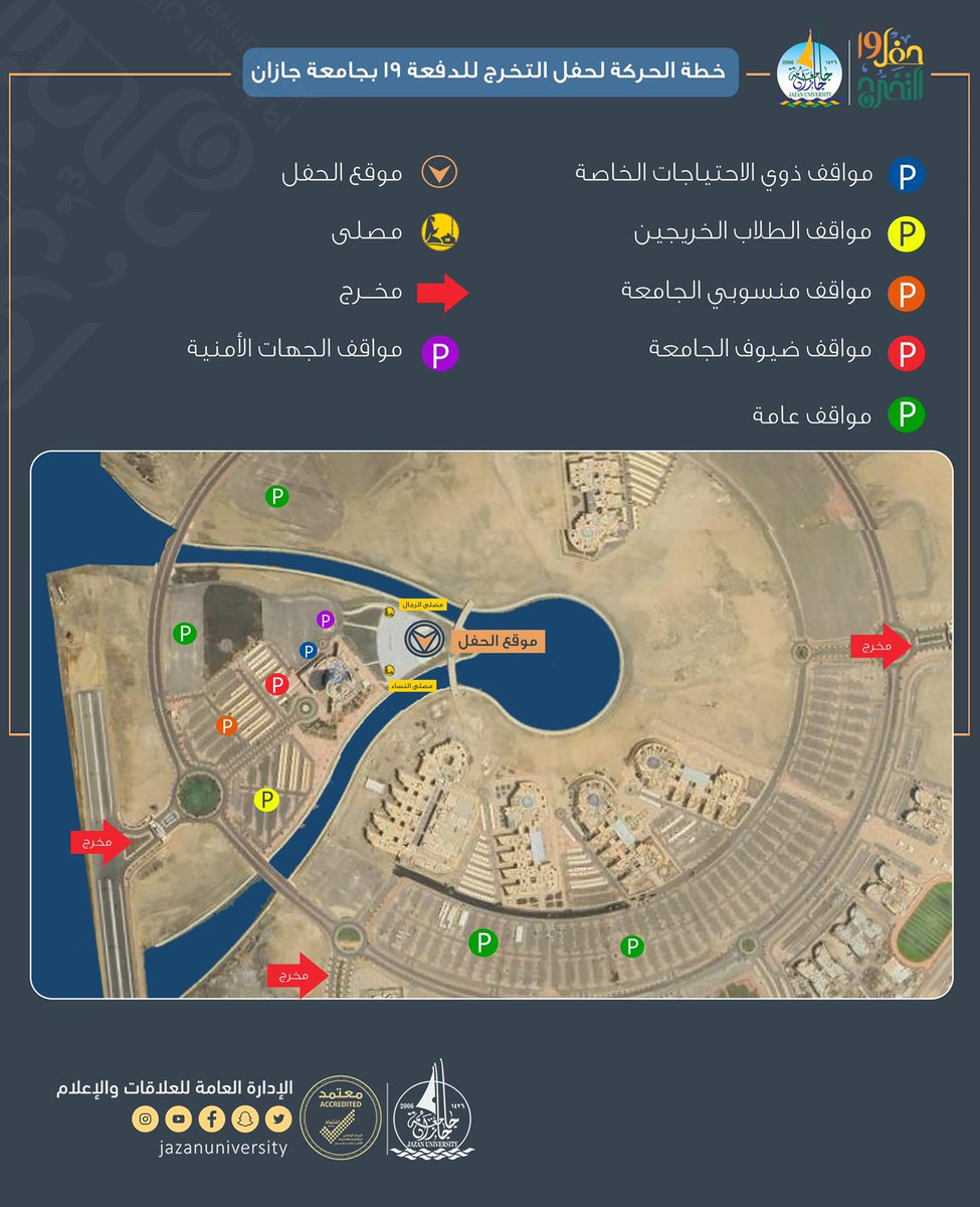 الخريطة التوضيحية لخطة الحركة لـ #حفل_تخريج_الدفعة_19 
#جامعة_جازان