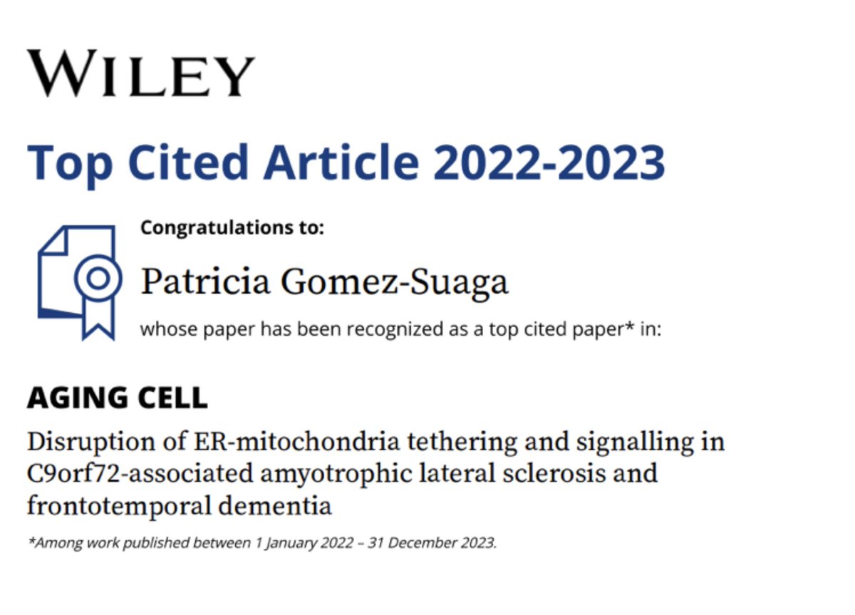 Check our #openaccess #TopCitedArticle at #AgingCell. “Disruption of ER-mitochondria tethering and signalling in C9orf72-associated ALS-FTD”. Thanks again to the @mndassoc and all collaborators and authors that made this work possible! #MND
@mndresearch