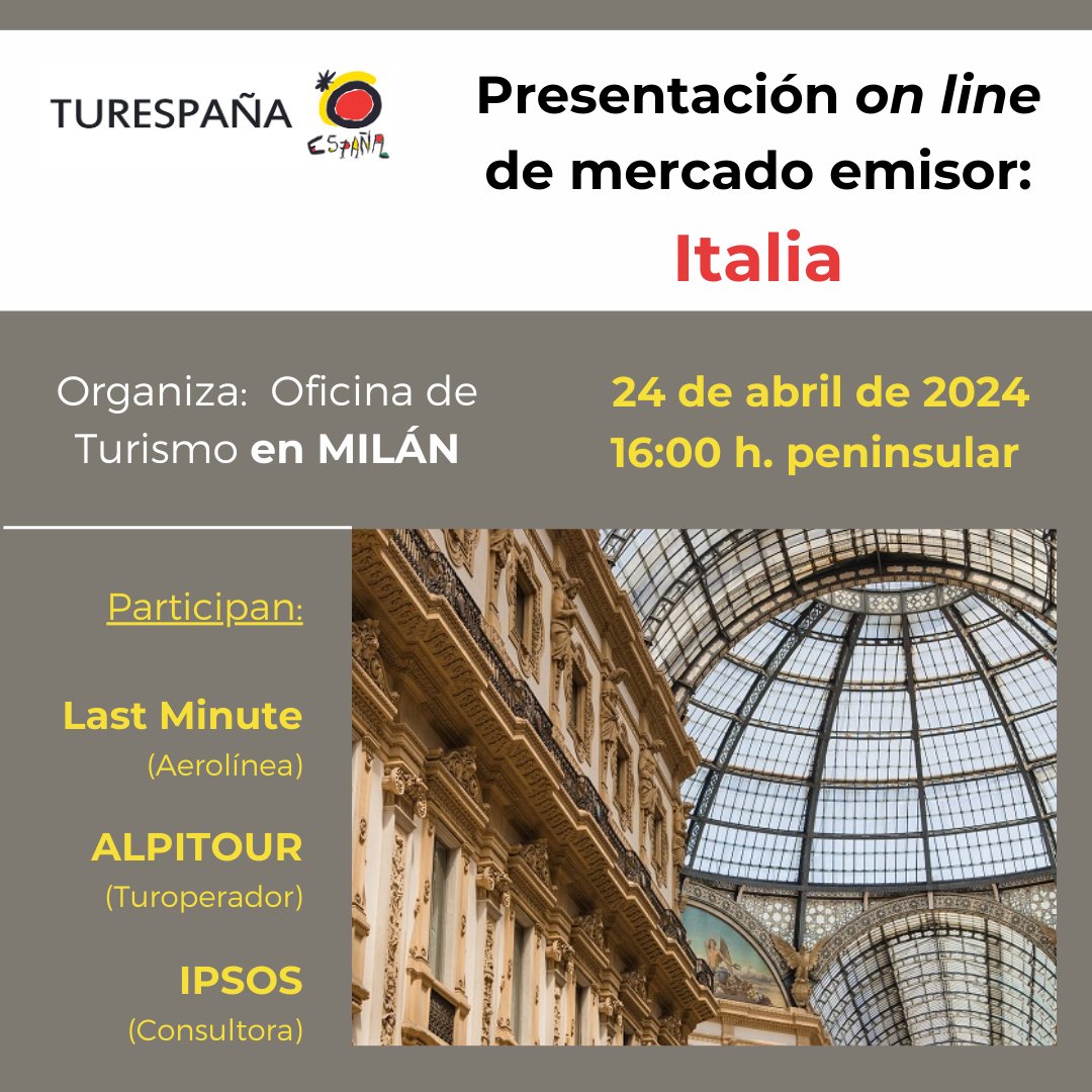 🔴HOY, presentación on line de @Turespana_ del mercado: ITALIA 🇮🇹Tendencias, información y visión de la demanda turística actualizada, con expertos profesionales. ✍️Inscripción hasta comenzar evento, aquí 👉…es-mercado2024-italia.eventspain.info