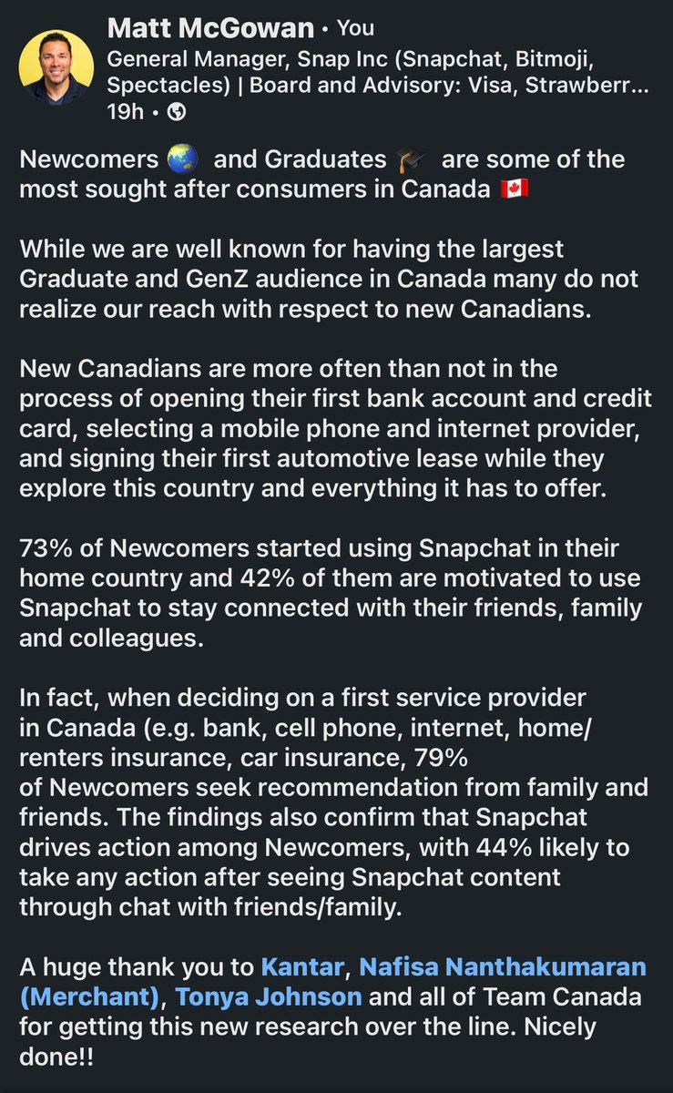 Canada’s demographics have changed significant over the last decade. Sharing some brand new newcomer and graduate @Kantar research from @Snapchat 🇨🇦 linkedin.com/posts/mcgowan_… #moreSnapchat #Canada @SnapForBusiness @SnapAR $SNAP