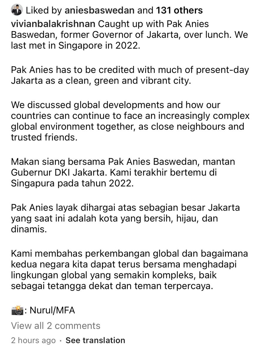 “Pak Anies has to be credited with much of present-day Jakarta as a clean, green and vibrant city.” Their friendship 🥹