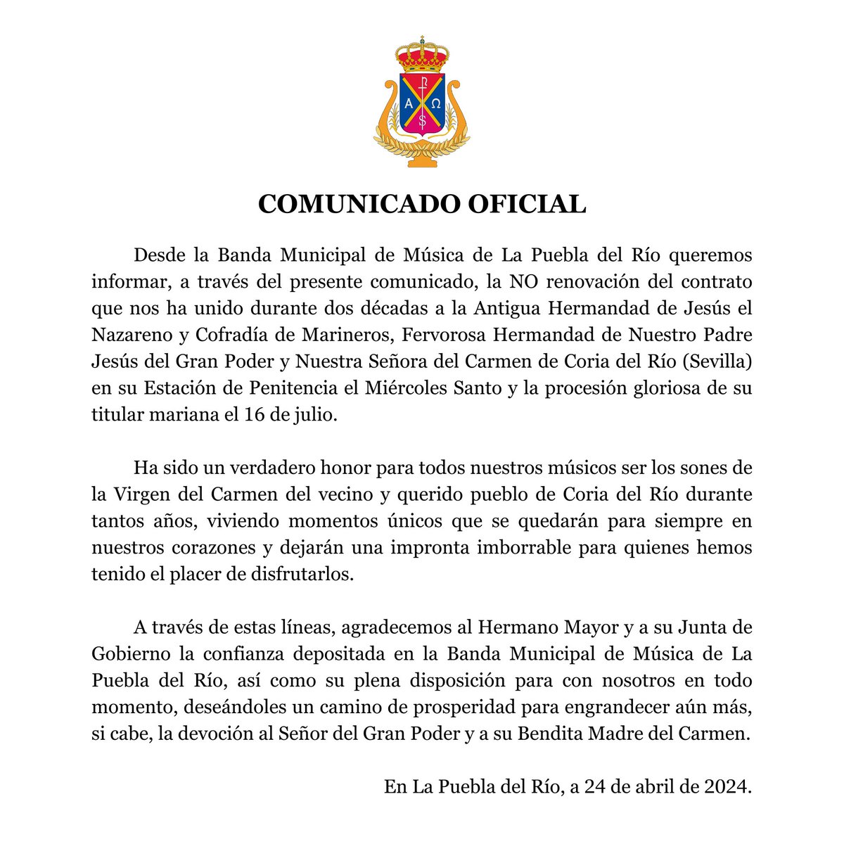 📣 Comunicado oficial de la Banda Municipal de Música de La Puebla del Río Miércoles Santo | @HdadGPoderCoria