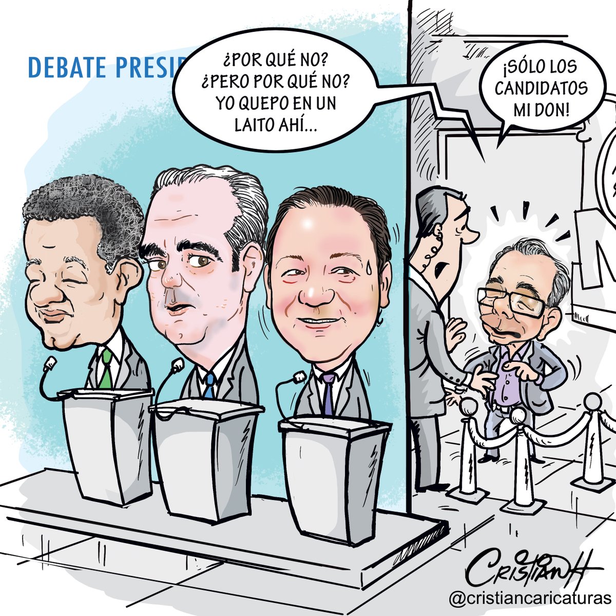 Pero si Abel le hace un 'laito', yo creo que él puede participar... ¿Qué tú opinas? Mi caricatura del #miércoles 24 de abril 2024 en el periódico @ElDia_do . . . . #DebatePresidencial #DebatesPolíticos #debate #criscaricaturas