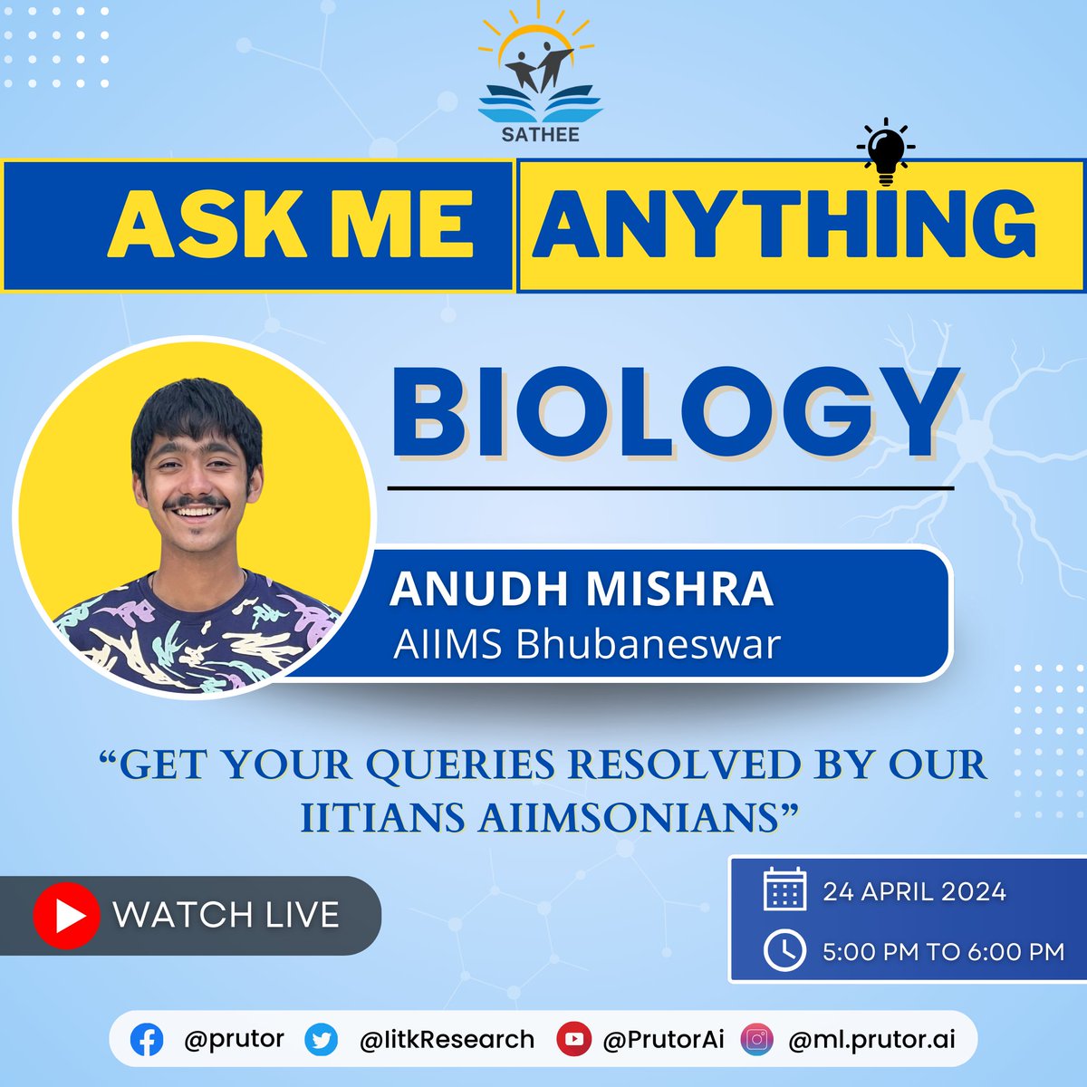 Join Live Ask Me Anything Session on Biology with Anudh Mishra from AIIMS Bhuvneshwar !
Time - 5:00 pm to 6:00 pm
Link for live session - bit.ly/3QiV5KF
#sathee #askmeanything #question_answer #preparation #session #aiims #biologystudent #sciencequestions #NEET #preps…