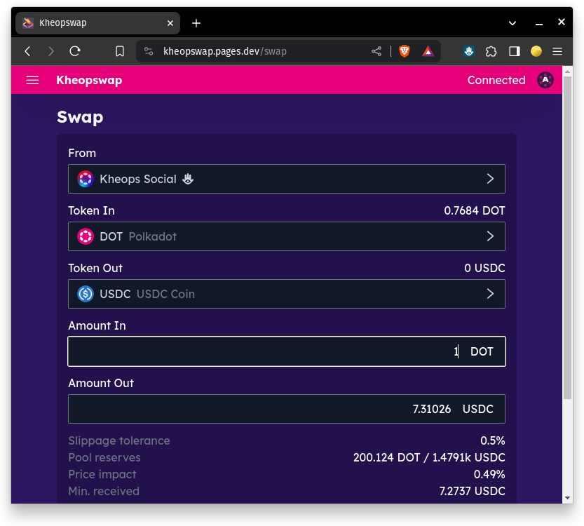I've been drafting a front-end for Polkadot Asset Hub swaps with the new and very promising polkadot-api, and light clients of course. Wanna try it ? UI is still very draft (not my focus yet) but should be usable already.