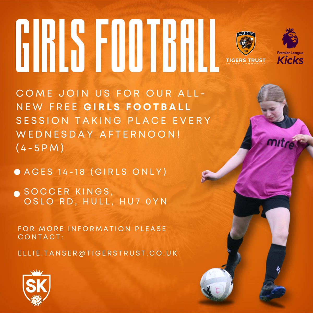 Come join us this afternoon for our brand-new #PLKicks 𝗙𝗥𝗘𝗘 Girls Football sessions, taking place every Wednesday (4-5pm)

🟠 Ages 14-18 
🏦 Soccer Kings, Oslo Road, Hull, HU7 0YN

We would love to see you there! 👋

📧 ellie.tanser@tigerstrust.co.uk