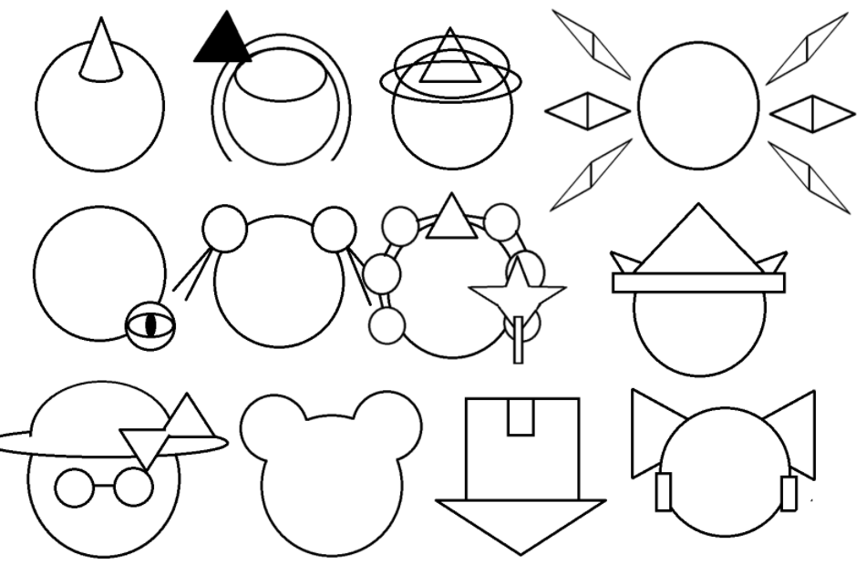 so you're a touhou fan! i see! then why don't you guess each character i made using ms paint shape tools!